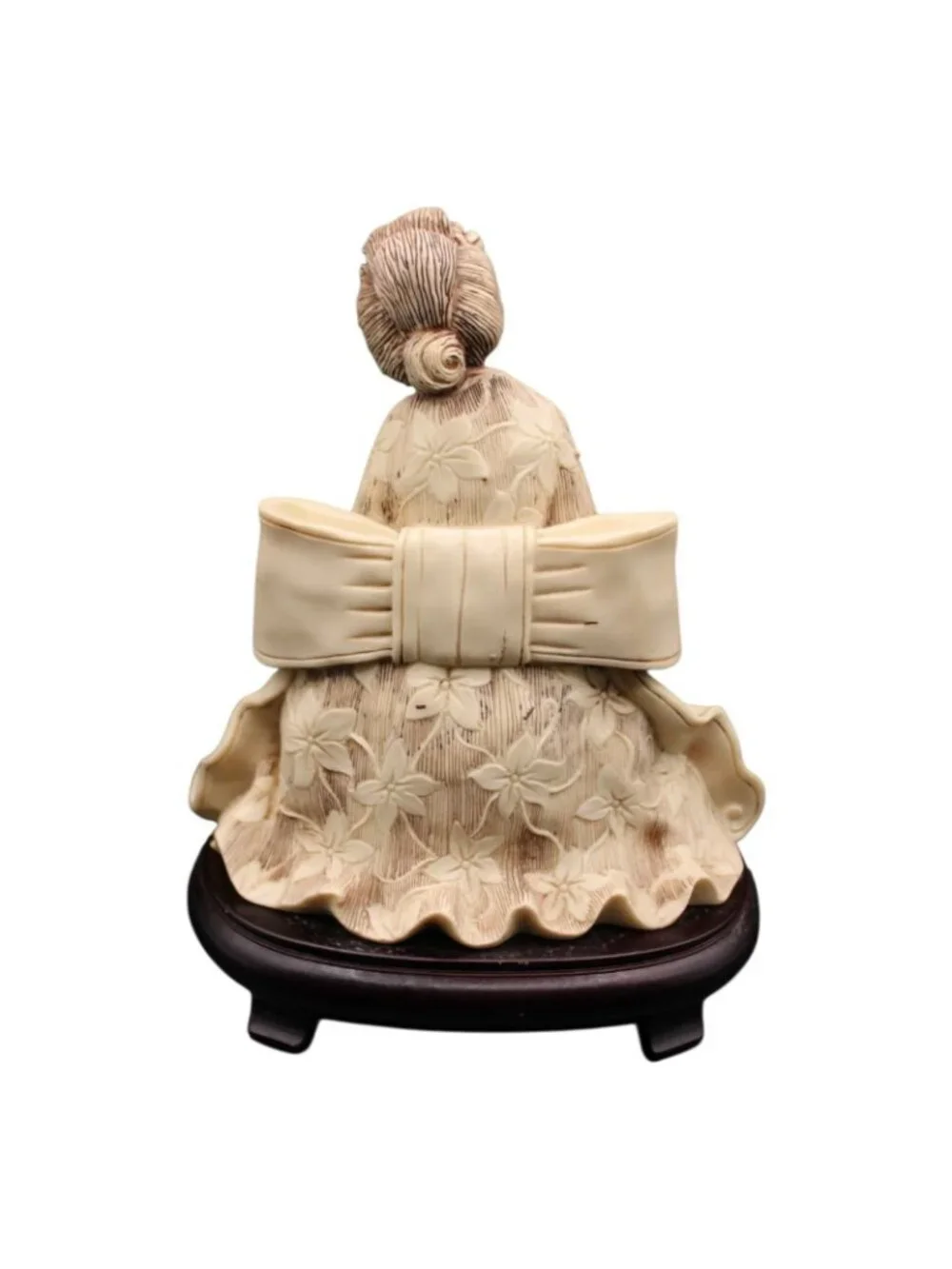 Vintage Ivory Tone Japanese Geisha Woman Resin Figurine Kimono Cherry Wood Base